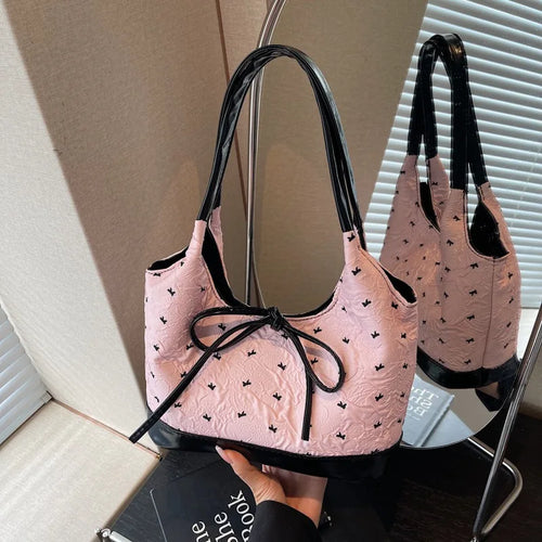 Cute Pink Bow Tote Bag Contrast Handbag Shoulder Large Capacity Soft Fabric Daily Shopping Casual