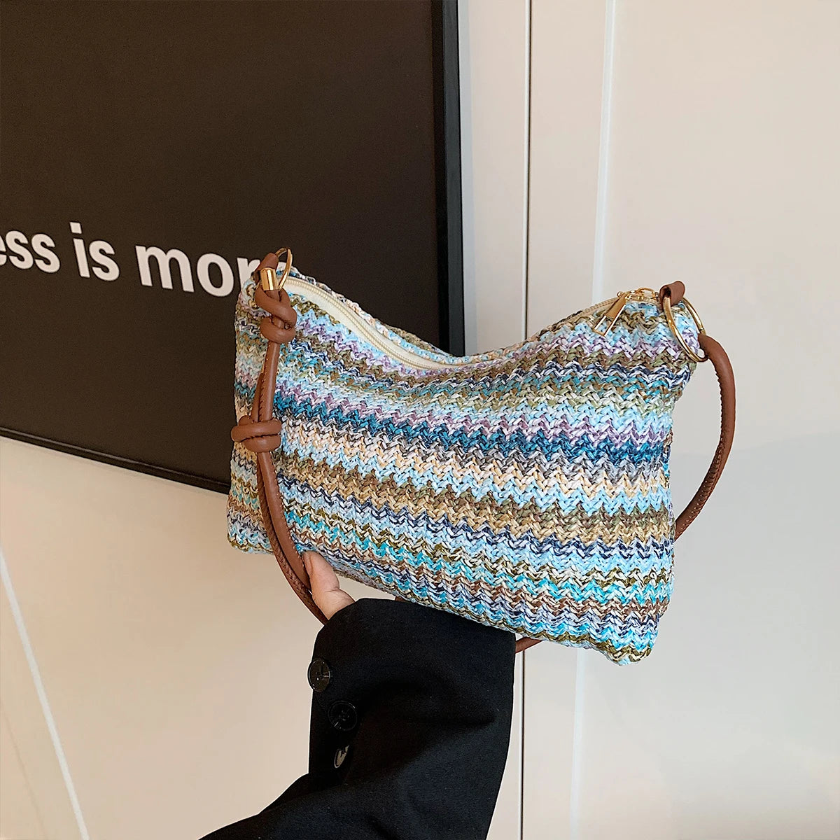 Women S Striped Woven Straw Tote Bag - Lightweight Large Capacity Detachable Coin Purse Zip Closure