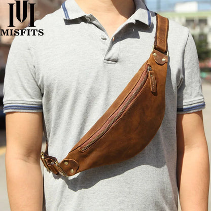 Men S Waist Bag Long Zipper Purse Diagonal Cross Chest Large Capacity Storage Real Leather