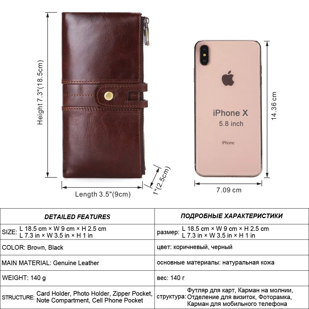 Men S Long Wallet Large Capacity Retro Real Leather Mobile Phone Storage Buckle Handheld Business