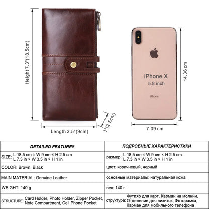 Men S Long Wallet Large Capacity Retro Real Leather Mobile Phone Storage Buckle Handheld Business
