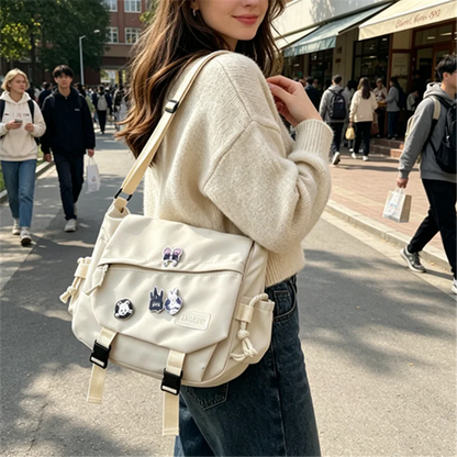 Multi-Pocket Nylon Crossbody Bag – Casual Messenger Bag with Badge for Teen, School & Travel