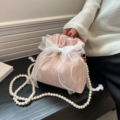 Canvas Crossbody Bag with Bowknot & Faux Pearl Chain