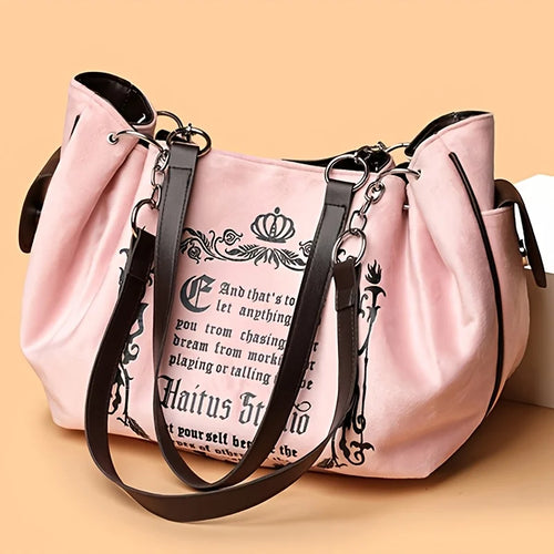 Letter Print Faux Suede Tote Bag – Retro Large Capacity Shoulder Bag for Women