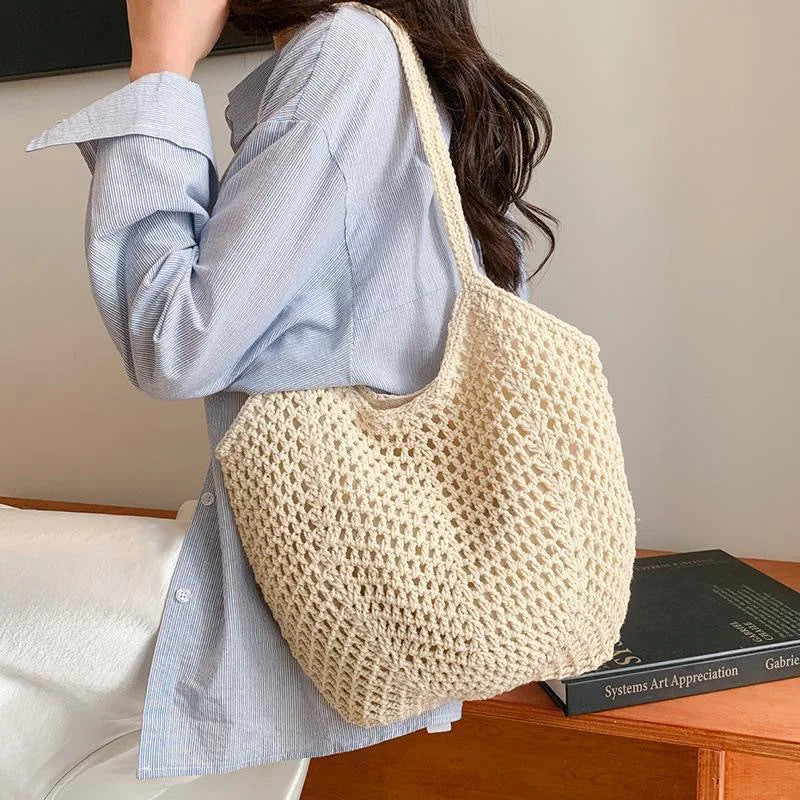 Summer Beach Tote Shoulder Bag Straw Weav Handbag Large Capacity Vacation Weaving Hollow Bags Women