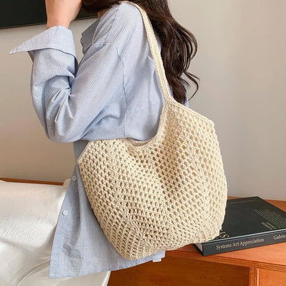 Summer Beach Tote Shoulder Bag Straw Weav Handbag Large Capacity Vacation Weaving Hollow Bags Women