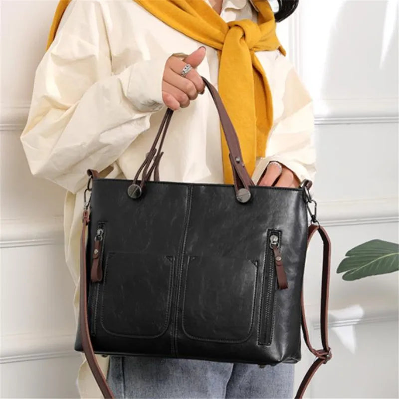 Retro Leather Tote Bag – Dual Pocket Zipper Shoulder Handbag