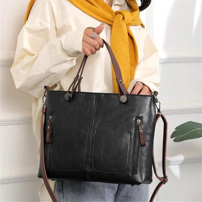 Retro Leather Tote Bag – Dual Pocket Zipper Shoulder Handbag
