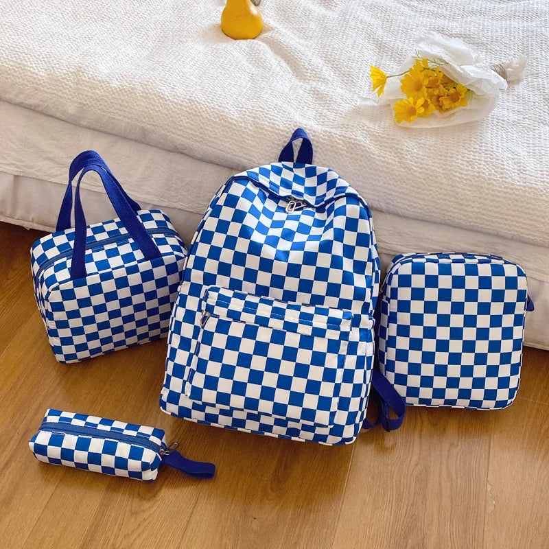Checkerboard 4pcs Backpack Set Crossbody Handbag Pen Case Stitching Multi Pocket Adjustable Straps