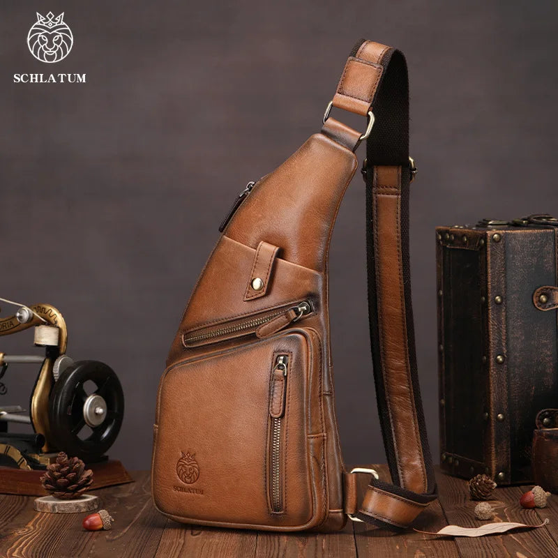 Leather Cross-Body Chest Bag Men Retro Senior Head Layer Cowhard Large Capacity Front Satchel