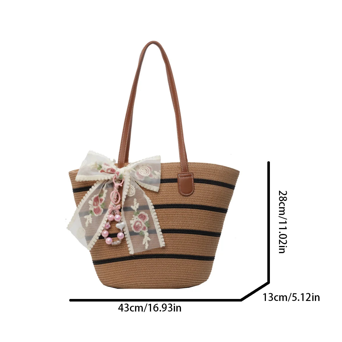 Sweet Girl Vacation Tote Bag Lace Bow Charm Colorblock Woven Straw Shoulder Large Capacity