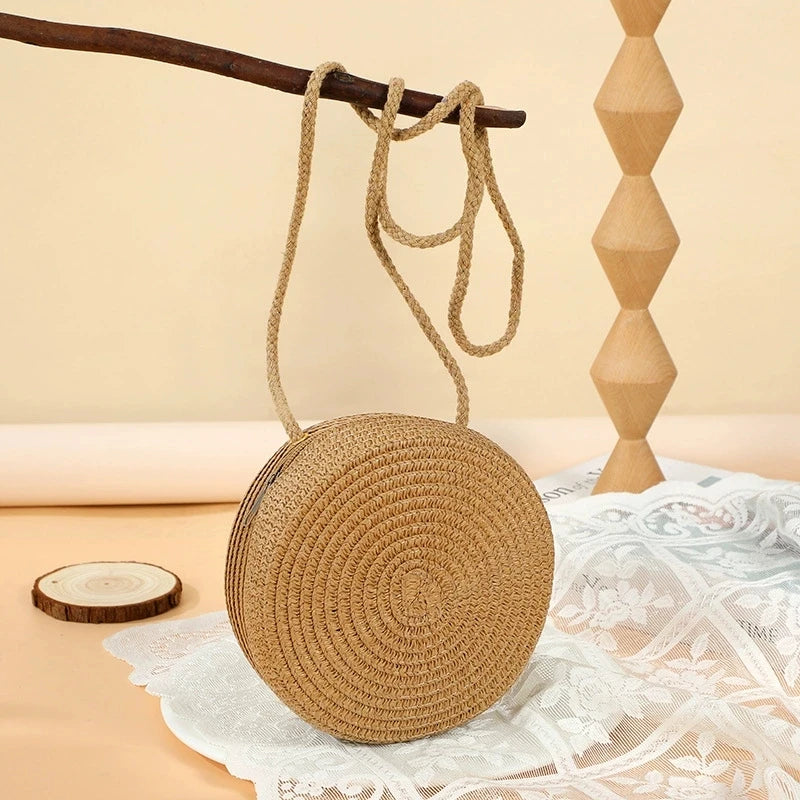 Round Woven Straw Crossbody Bag for Women