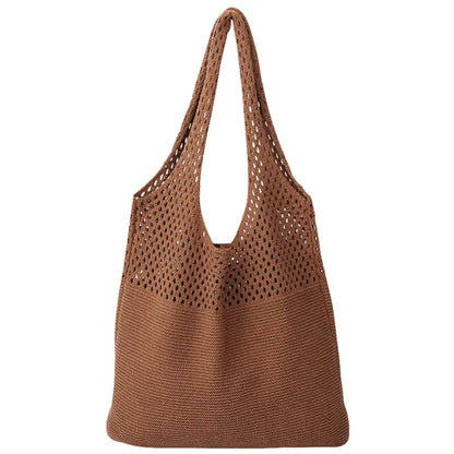 Hollow Out Knitted Handbag Shoulder Bag Solid Color Wool Knitting Bag Commuter Large Capacity