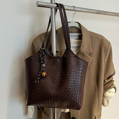 Woven Leather Tote Bag for Women – Soft Shoulder Handbag with Braided Pendant