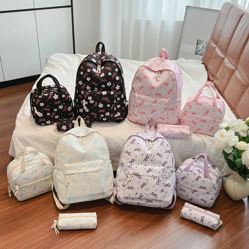 Gentle Cute Butterfly Knot Floral Three Piece Backpack Set Lightweight Large Capacity