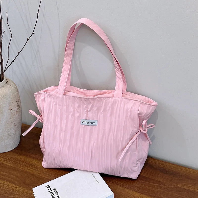Large Nylon Tote Bag – Women's Pleated Drawstring Shoulder Handbag
