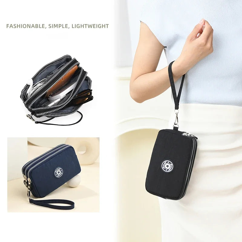 Three Layer Zipper Short Mobile Phone Bag Chic Women Hand Makeup Clutches Portable Change Waterproof