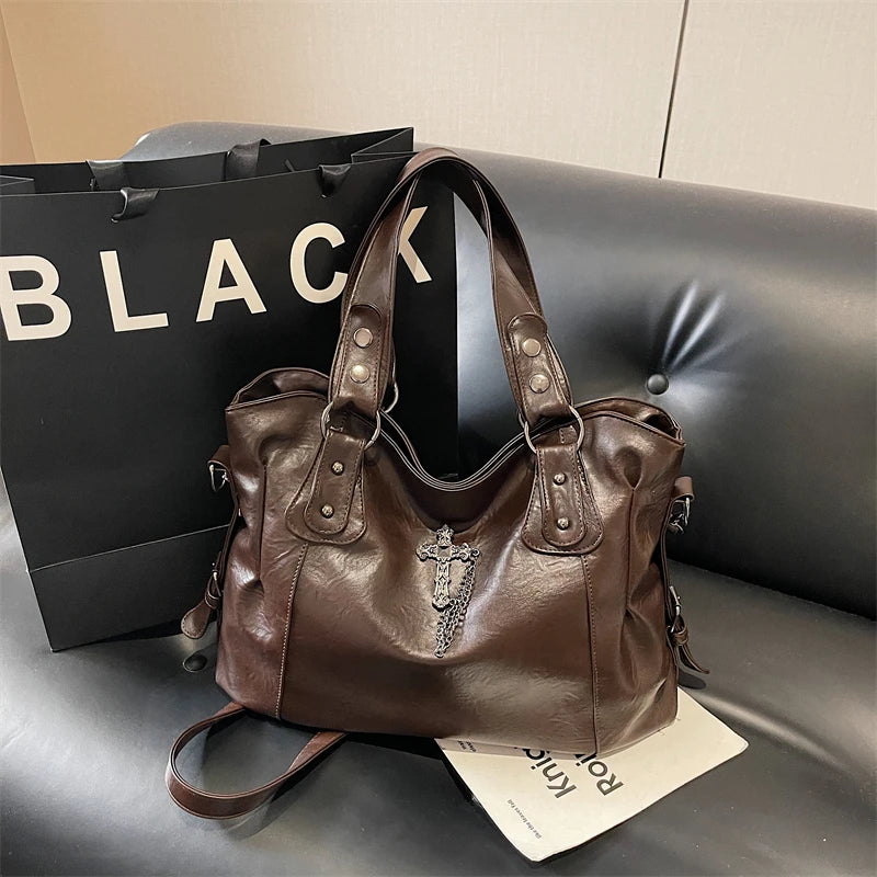 Retro Y2k Women Shoulder Bag Pu Cross Stud Large Capacity Handbag Adjustable Strap Multi Function