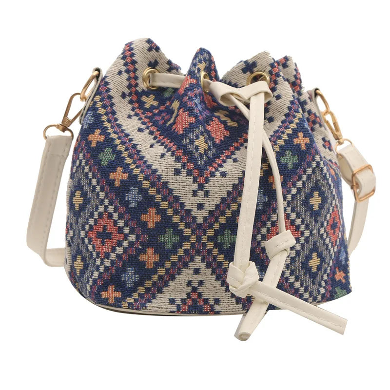 Bucket Bag for Women – Geometric Print Drawstring Crossbody Purse