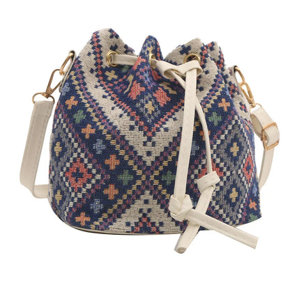 Bucket Bag for Women – Geometric Print Drawstring Crossbody Purse