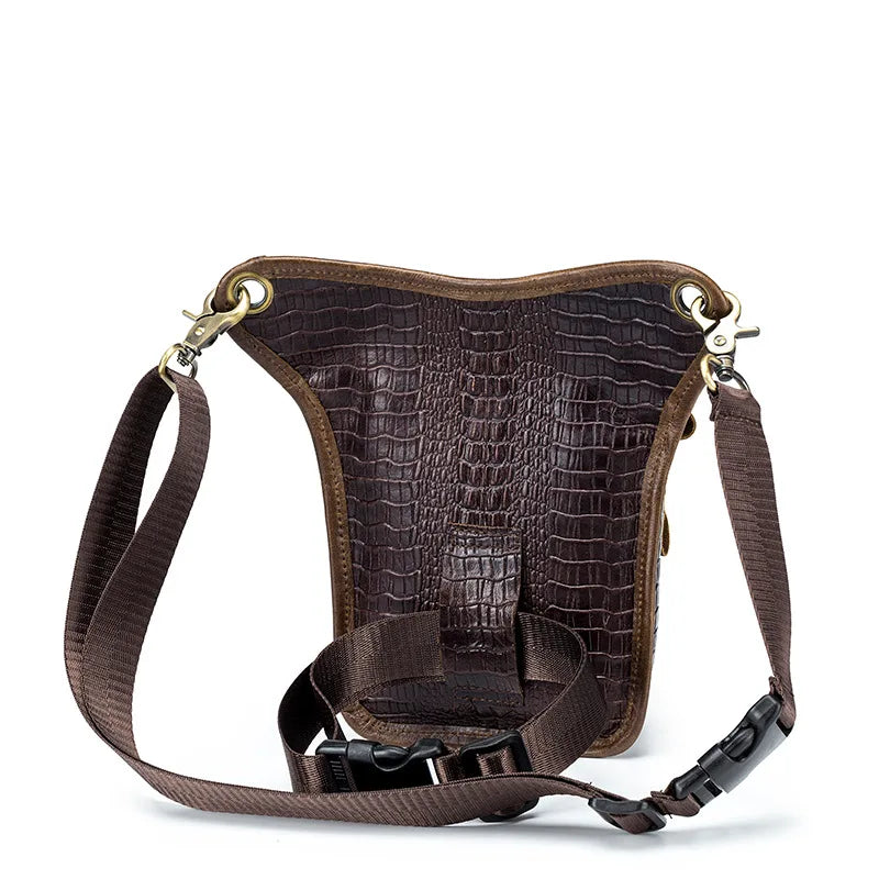 Cowhide Men S Motorcycle Leg Bag Retro Crocodile Pattern Real Leather Motorcycle Riding Waist Strap