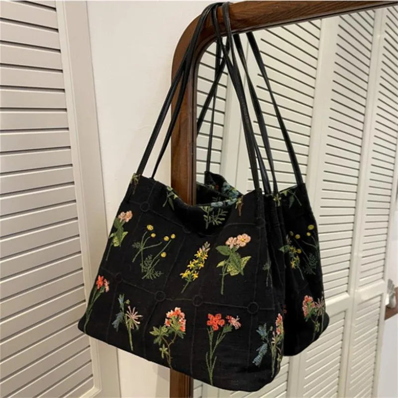 Floral Embroidered Canvas Tote Bag – Women's Bucket Shoulder Bag