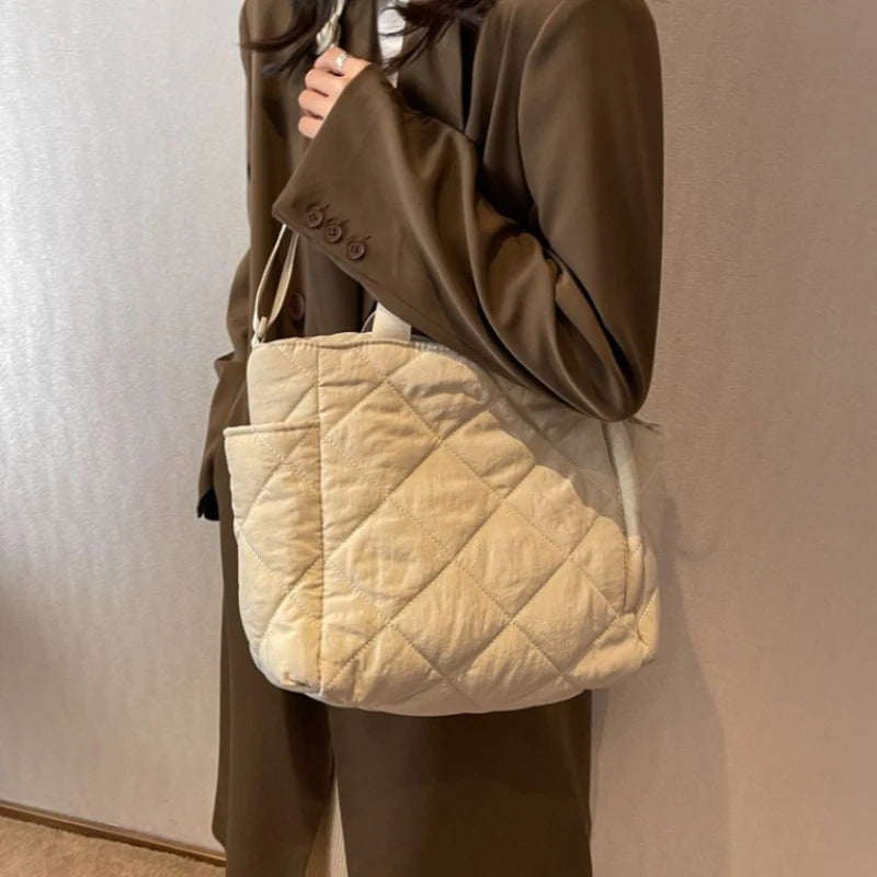 Quilted Nylon Tote Bag – Detachable Strap Multi-Pocket Shoulder Bag