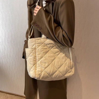 Quilted Nylon Tote Bag – Detachable Strap Multi-Pocket Shoulder Bag