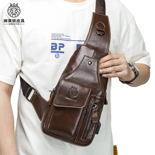 Real Leather Cross-Body Chest Bag Men Retro Head Layer Cowhide Large Capacity Usb Front Satchel