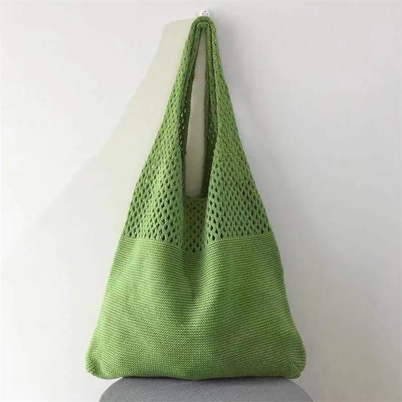 Hollow Out Knitted Handbag Shoulder Bag Solid Color Wool Knitting Bag Commuter Large Capacity