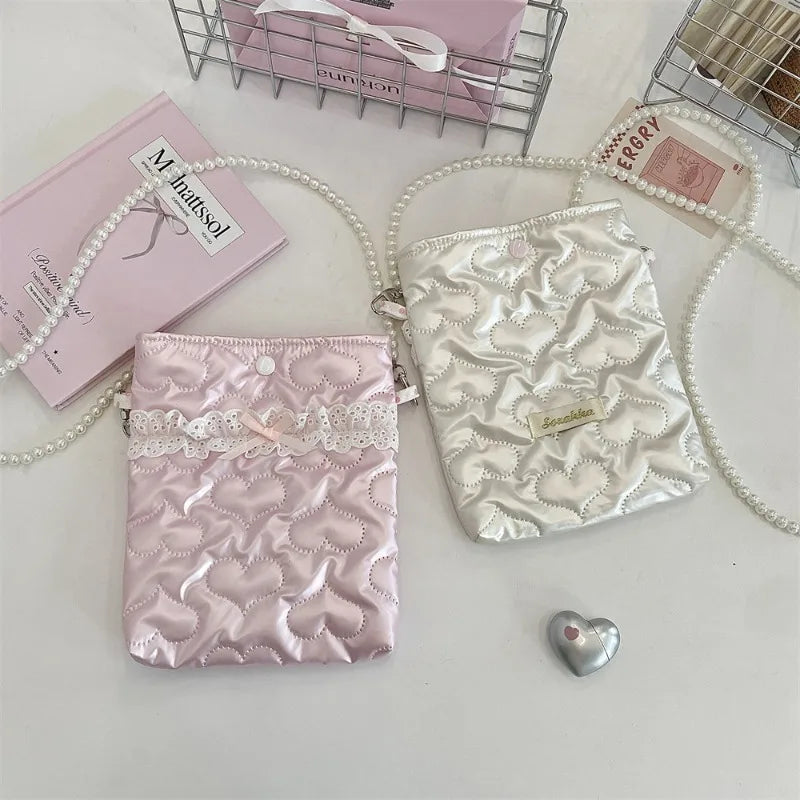 Satin Mini Phone Bag – Bow Embossed Pearl Chain Shoulder Purse