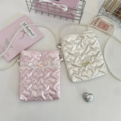 Satin Mini Phone Bag – Bow Embossed Pearl Chain Shoulder Purse
