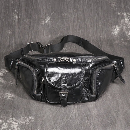 Top-Grain Cowhide Ipad Mini Waist Bag Genuine Leather Casual Chest Bag Multi-Functional Motorcycle