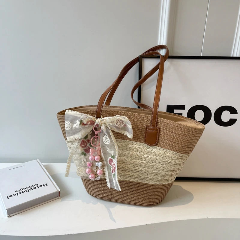 Sweet Girl Vacation Tote Bag Lace Bow Charm Colorblock Woven Straw Shoulder Large Capacity