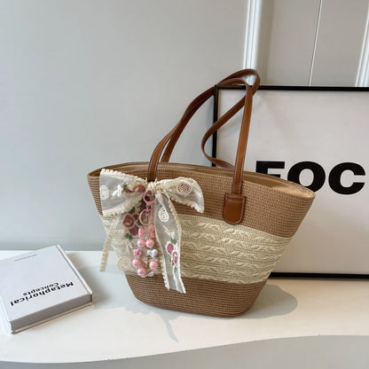 Sweet Girl Vacation Tote Bag Lace Bow Charm Colorblock Woven Straw Shoulder Large Capacity