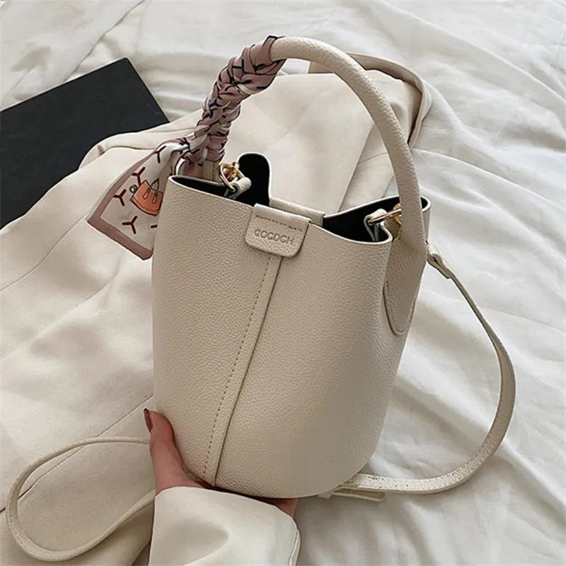 Elegant Bucket Handbag Shoulder Bag Silk Scarf Fashionable Faux Leather Tote Crossbody Bags Women S