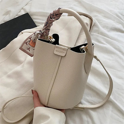 Elegant Bucket Handbag Shoulder Bag Silk Scarf Fashionable Faux Leather Tote Crossbody Bags Women S