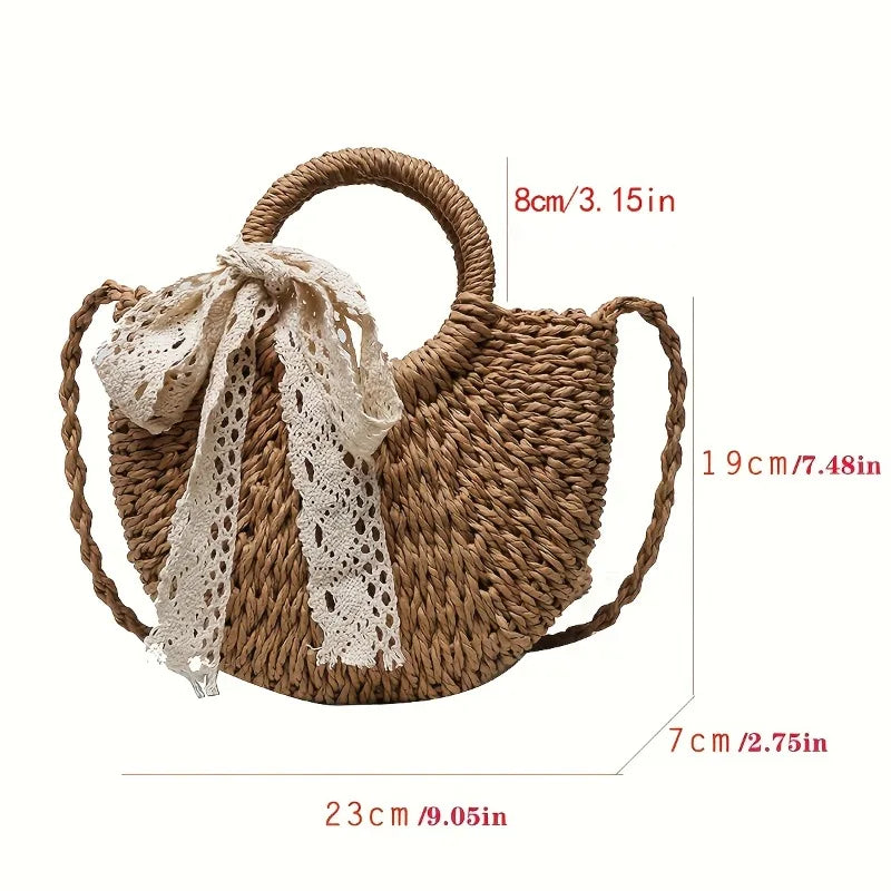 Straw Crossbody Bag with Lace Bow – Women's Summer Beach Purse