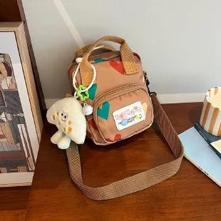Cute Plush Charm Mini Crossbody Bag Two Tone Canvas Shoulder Purse Adjustable Strap Cartoon Handbag