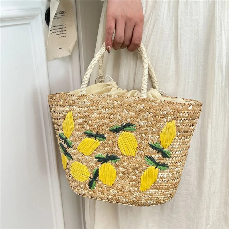 Straw Fruit Embroidery String Casual Sweet Tote Bags Spring
