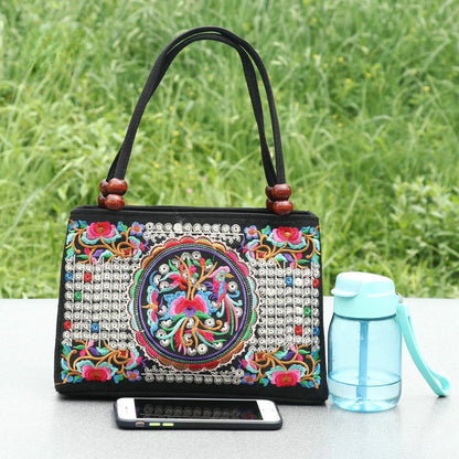 Embroidered Floral Handbag with Double Zipper & Beaded Handle