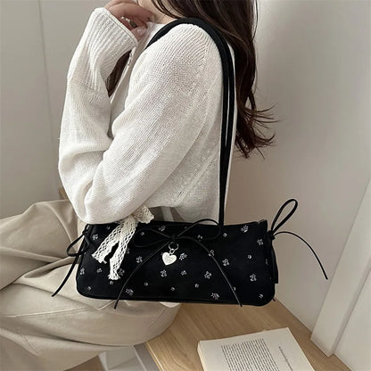 Floral Print Shoulder Bag with Lace Bow & Heart Charm