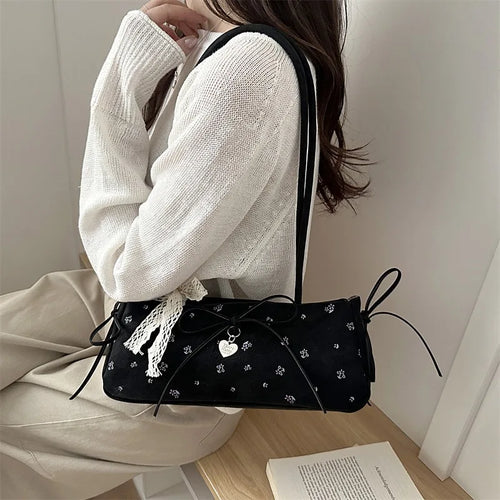 Floral Print Shoulder Bag with Lace Bow & Heart Charm