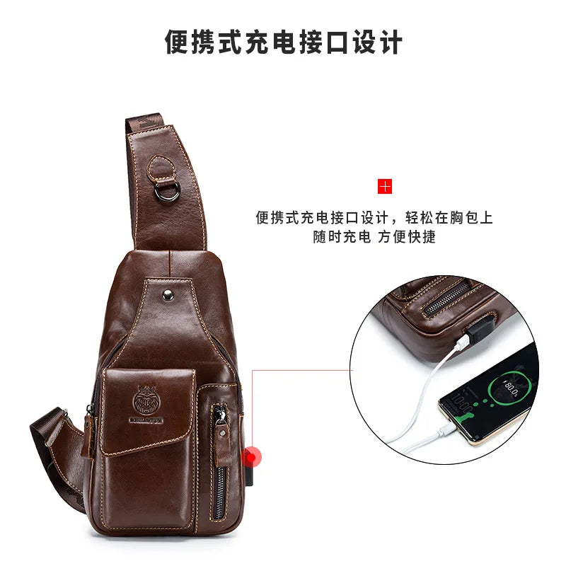 Real Leather Cross-Body Chest Bag Men Retro Head Layer Cowhide Large Capacity Usb Front Satchel
