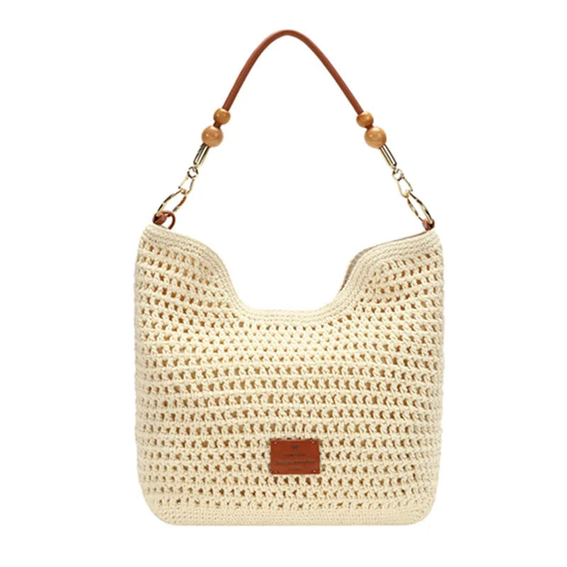 Woven Beach Bag – Women's Knit Shoulder Bag with Leather Strap