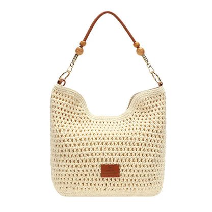 Woven Beach Bag – Women's Knit Shoulder Bag with Leather Strap