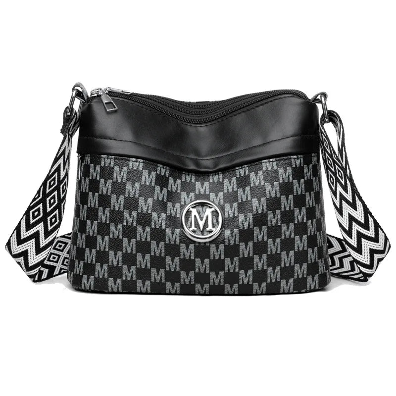 Letter Print Crossbody Bag – Triple Zipper Leather Shoulder Purse