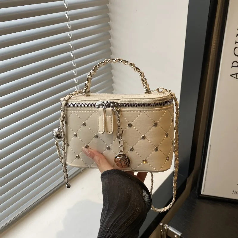 Quilted Mini Box Handbag Metal Chain Top Handle Crossbody Purse Camellia Charm