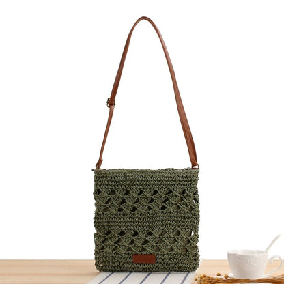 Handmade Paper Straw Crossbody Bag with Zipper & Leather Strap