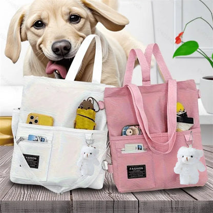 Cute Canvas Tote Bag with Bear Charm – Large Capacity Shoulder Bag